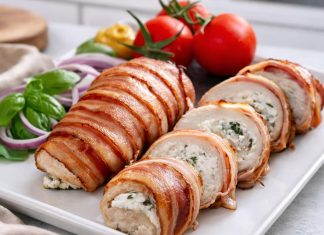 Sočna piščančja rolada v slanini bo navdušila za kosilo piščančja-rolada