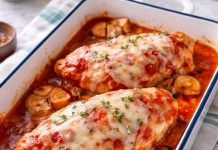 Hitro kosilo iz pečice: Piščanec v bogati paradižnikovi omaki z mocarelo piščanec-z-mocarelo