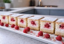 Sočna biskvitna pita s skuto in malinami, ki vedno uspe