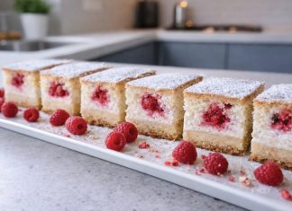 Sočna biskvitna pita s skuto in malinami, ki vedno uspe